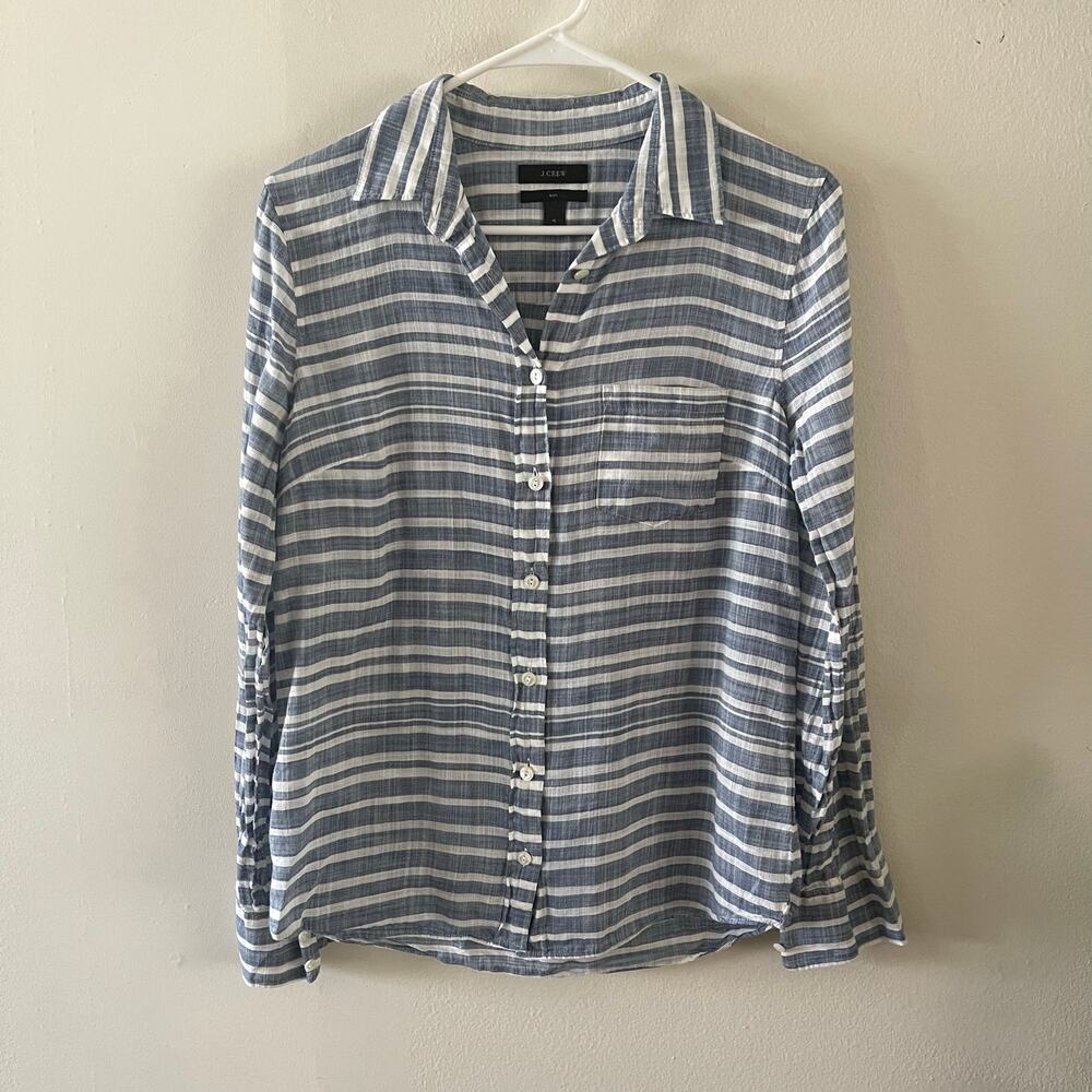 J. Crew Boy Cut Chambray Shirt Blue White Striped Preppy Womens 4 A5360